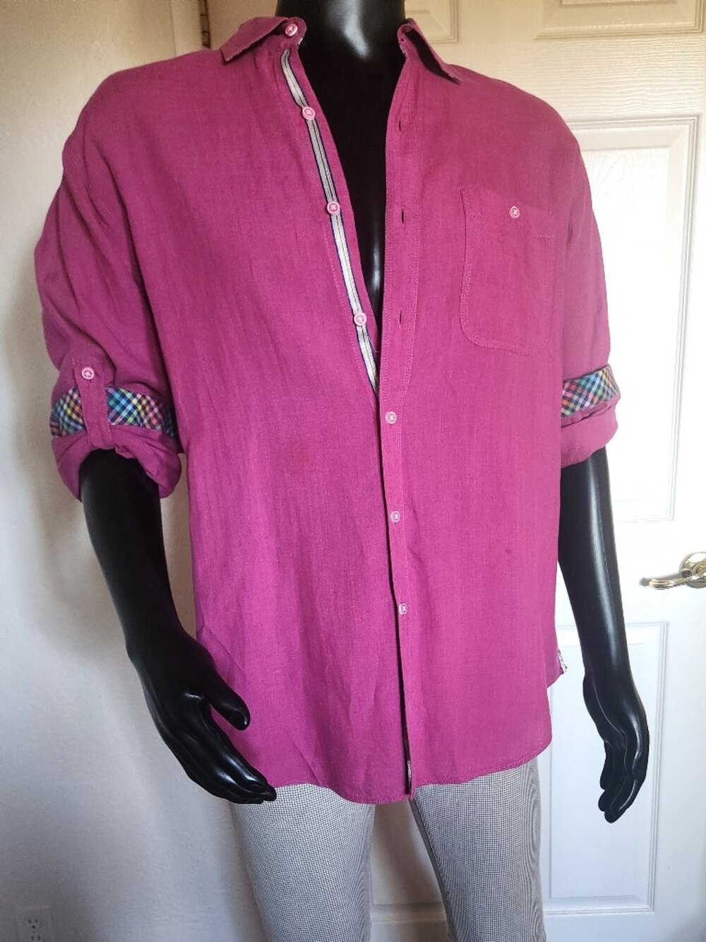 Men's Bugatchi Uomo 100% Linen long-sleeve shirt Fuchsia Size Large